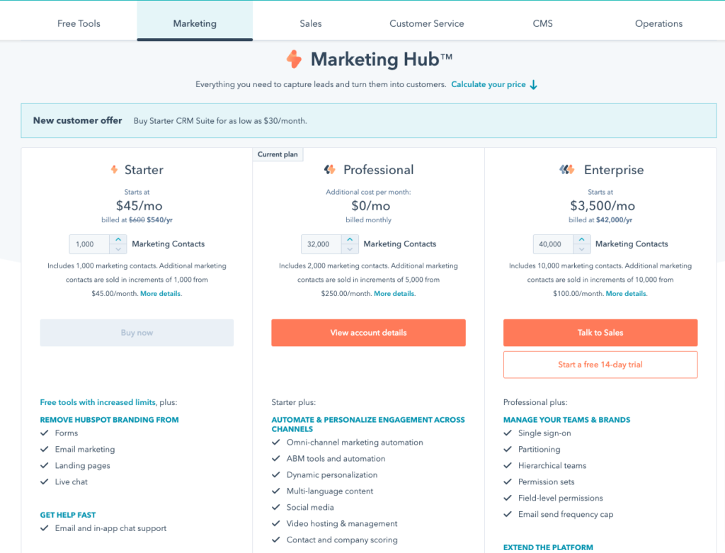 Plans listed on the Hubspot website