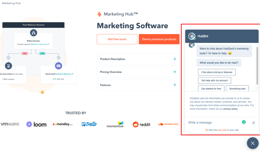 Hubspot’s live chat option for visitor assistance. [Source - HubSpot]