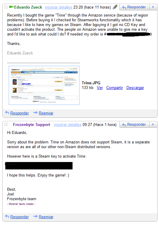 Conversation of a support executive from Frozenbyte with a customer.