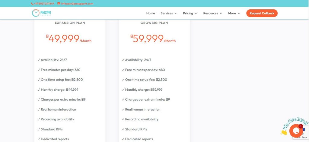 AM2PM Support pricing packages for inbound call services, including expansion and growing plans with 24/7 availability.