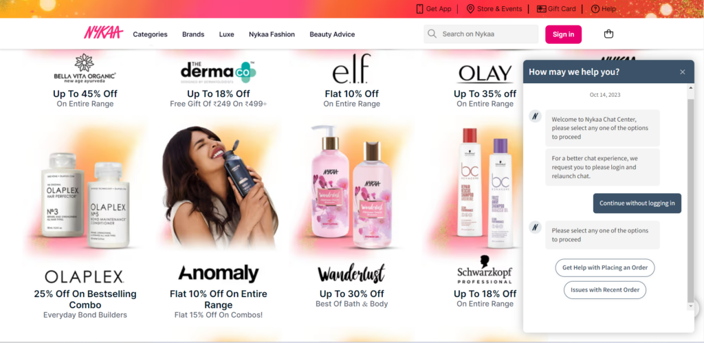 Nykaa, an Indian brand offers solutions proactively on live chat.
