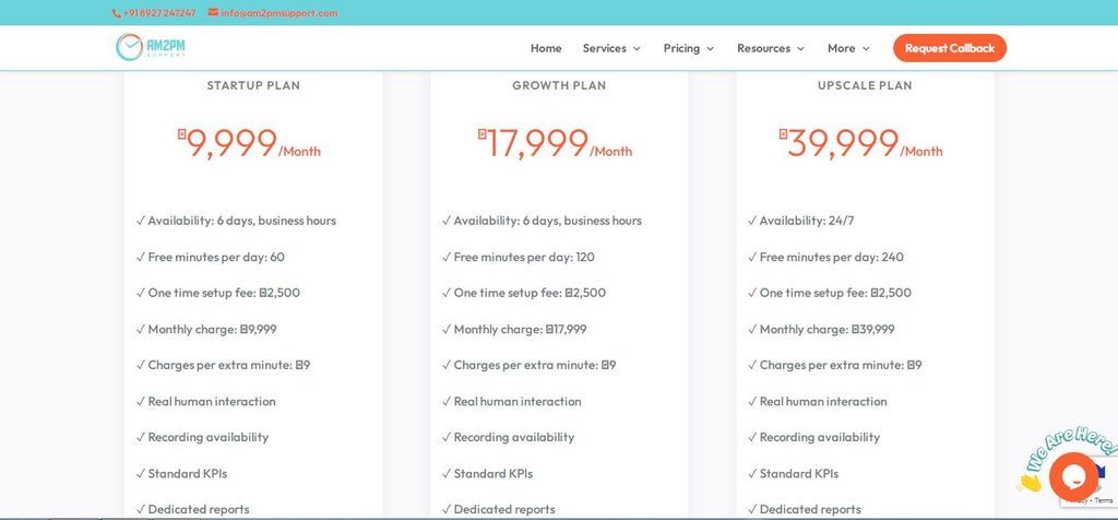 AM2PM Support inbound call center pricing plans showing startup, growth, and upscale packages.