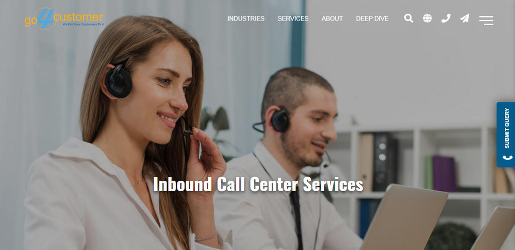 Go4Customer homepage with the "Inbound Call Center Services" banner.