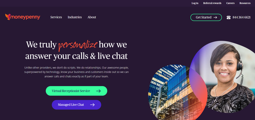 Moneypenny homepage with a receptionist wearing a headset.
