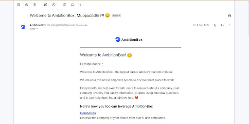 AmbitionBox sends personalized welcome mail to their customers.