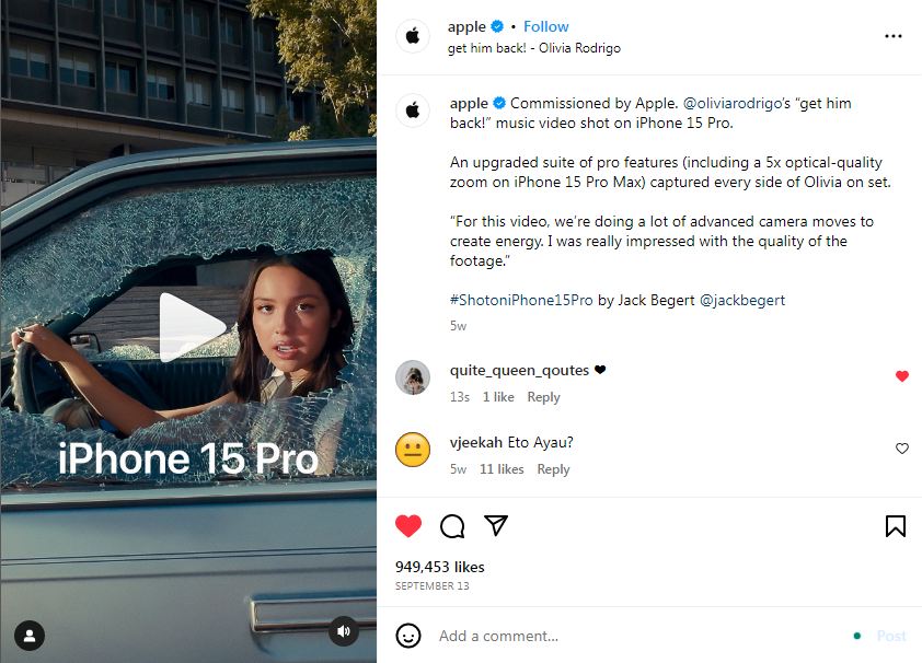Apple providing engaging video content on its instagram page.