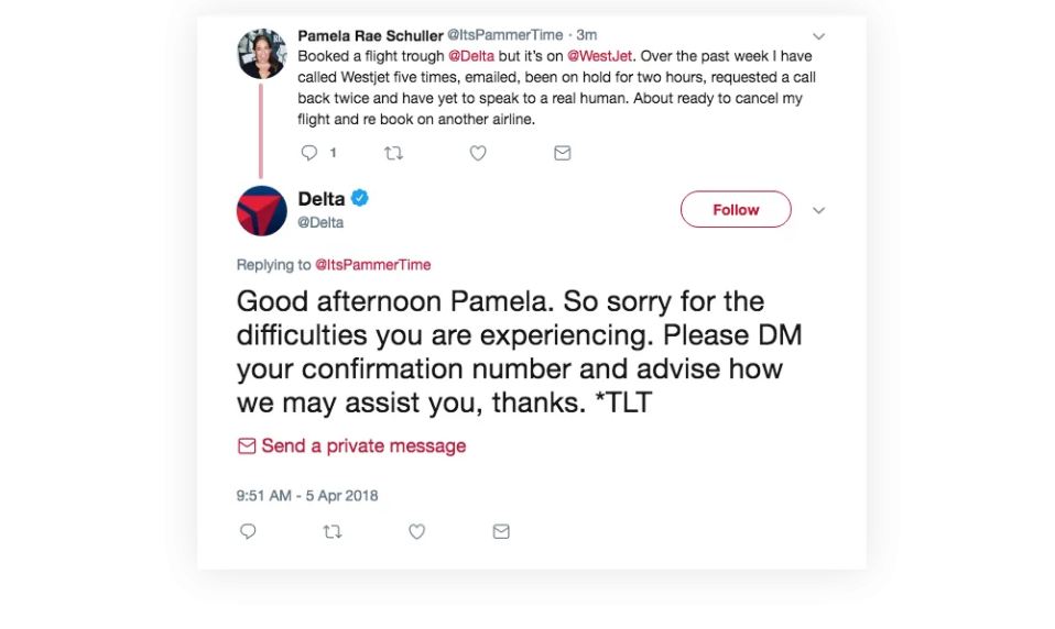 Brand responding to their customer complaints through their social media pages.
