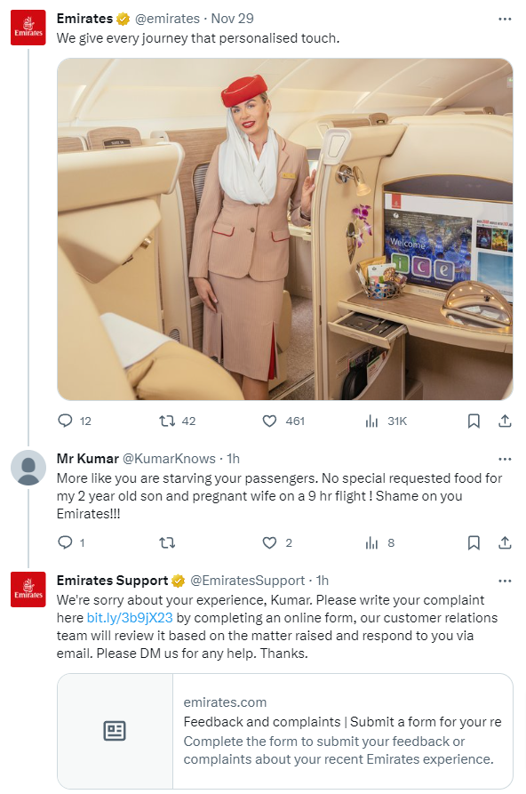 Emirates responds to customer complaints in jiffy which increases their customer retention rate.