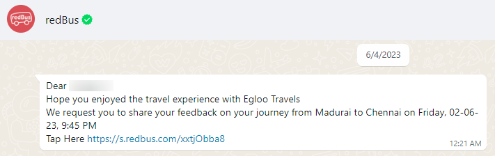 Redbus follows up with an automated message for feedback.