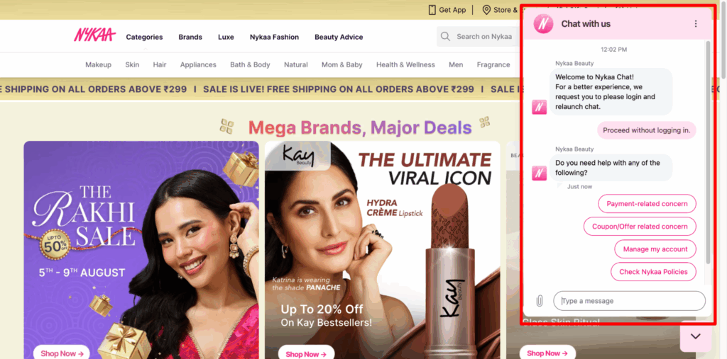 Nykaa using live chat for real-time engagement based on user behavior in ecommerce.