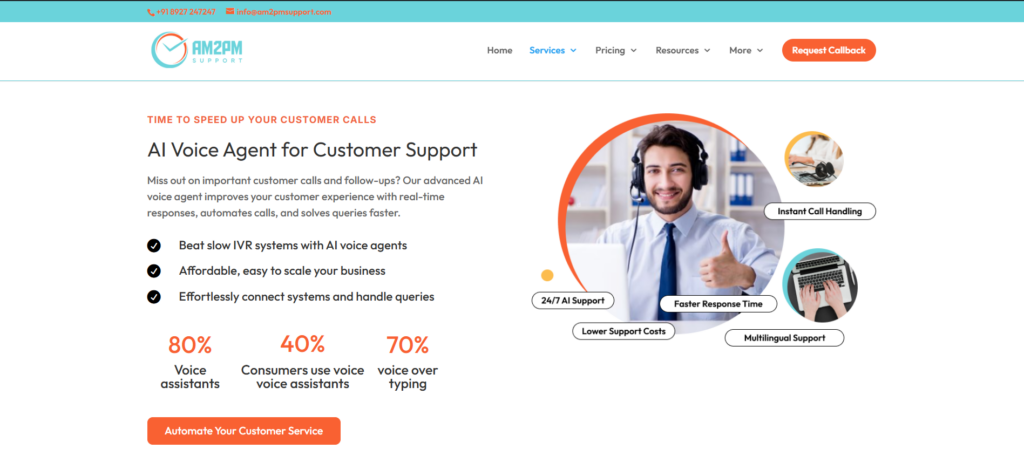 AM2PM Support AI voice agents for customer service helping businesses automate customer support and handle calls efficiently.