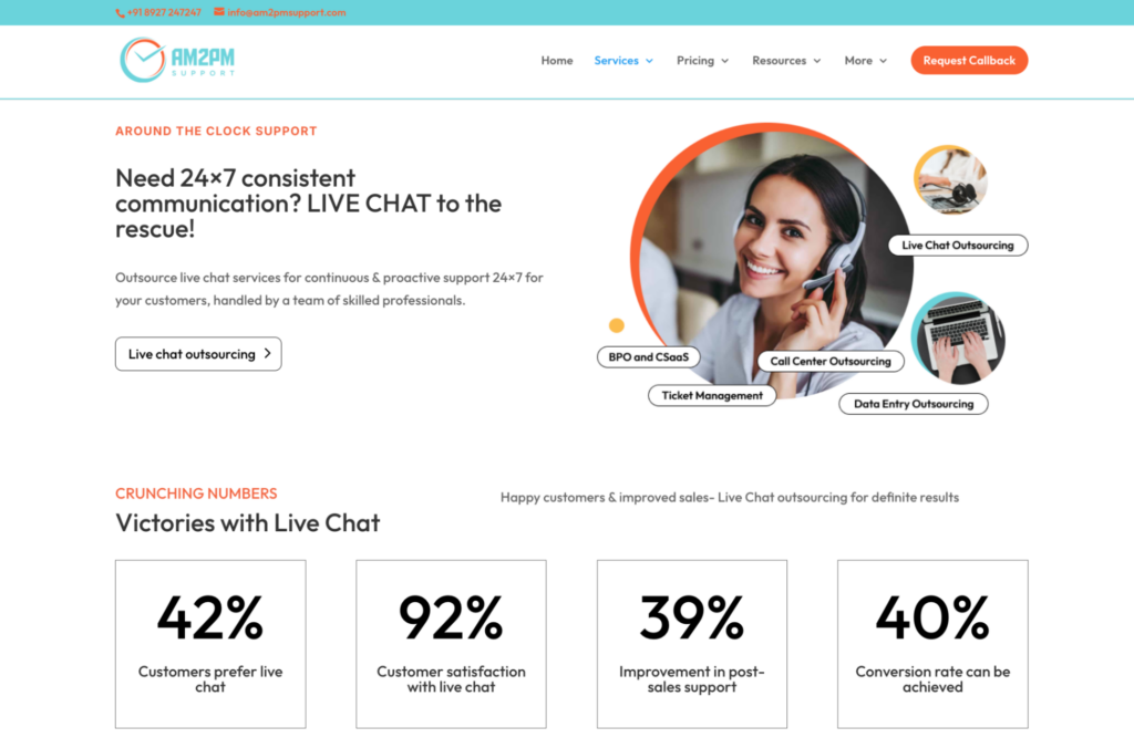 AM2PM Support’s live chat service page for ecommerce businesses.