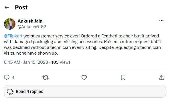 Customer complaint on X highlighting poor ecommerce customer service, delayed support, and an unresolved return request.