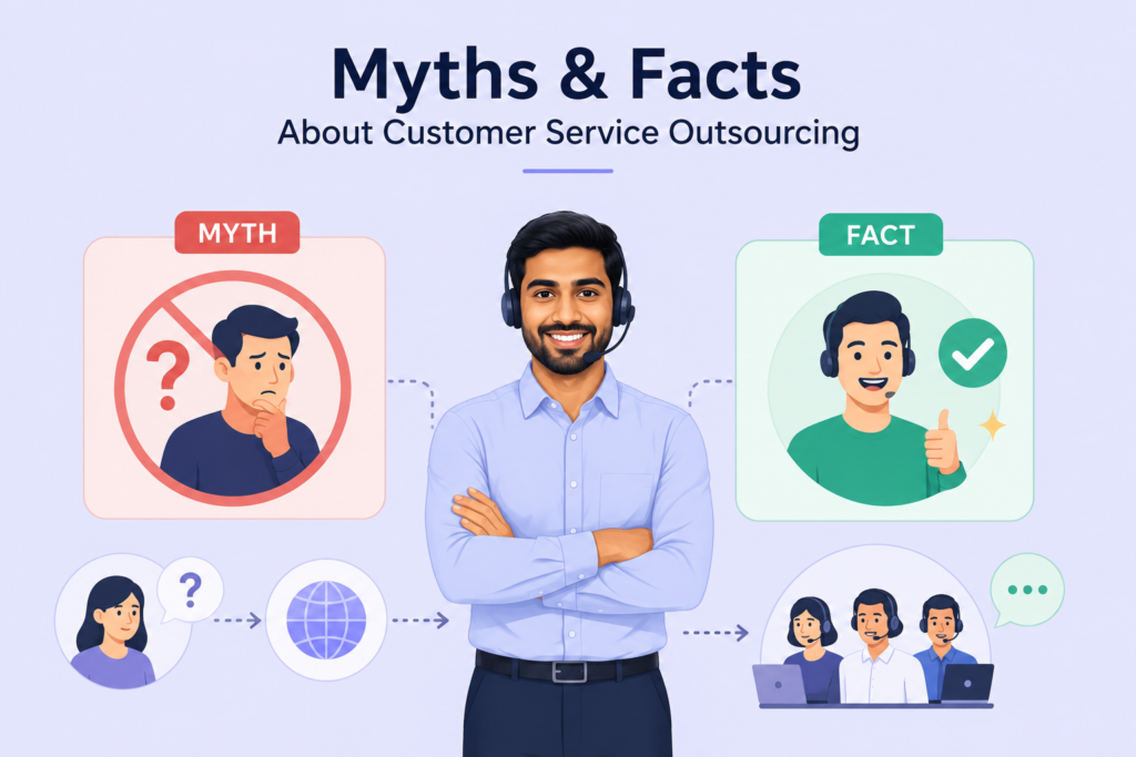Myths and facts about customer service outsourcing explained side by side.