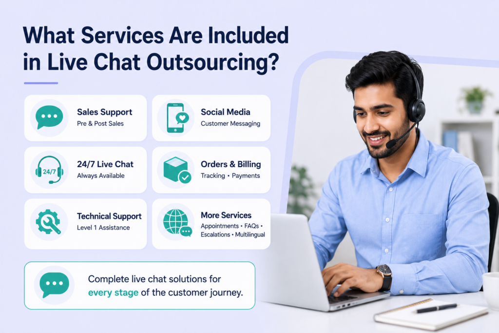 Overview of services included in live chat outsourcing support.
