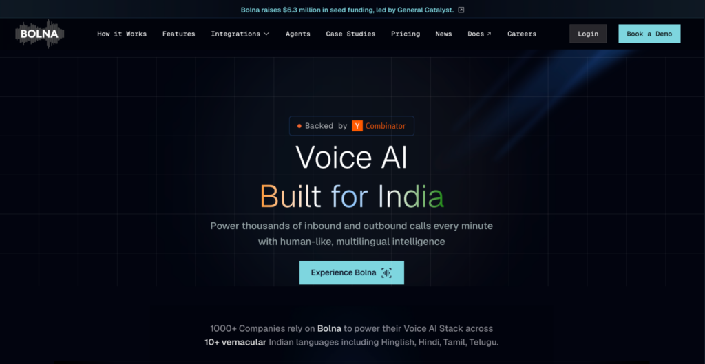 The Bolna Voice AI platform homepage showing multilingual call support.