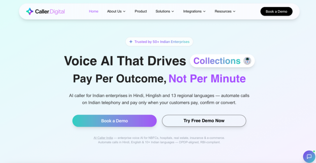 Caller Digital homepage showing voice AI for Indian enterprises.