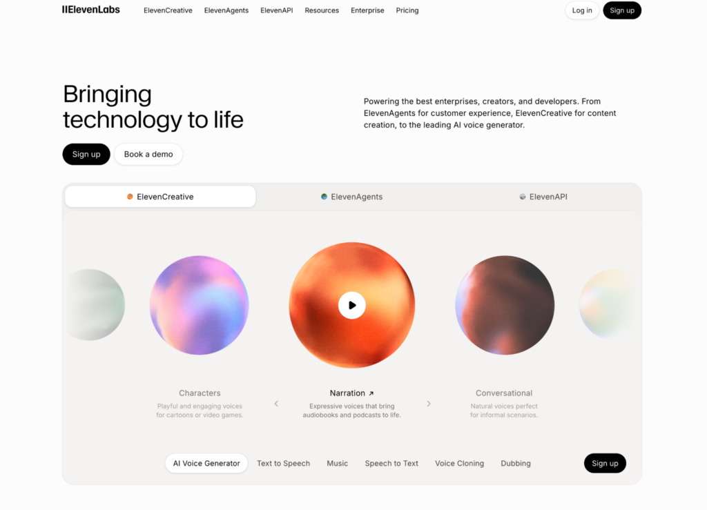 ElevenLabs AI voice platform homepage for creators and enterprises.