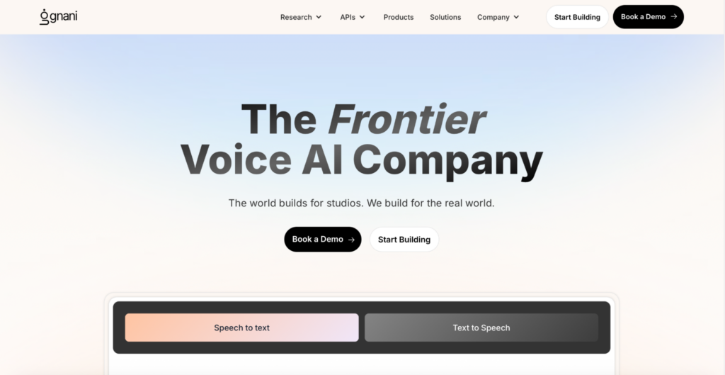 Gnani voice AI company homepage highlighting speech-to-text tools.