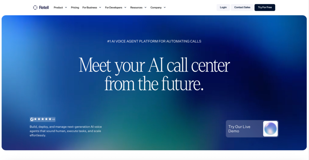Retell AI homepage showing its AI voice agent platform for calls.
