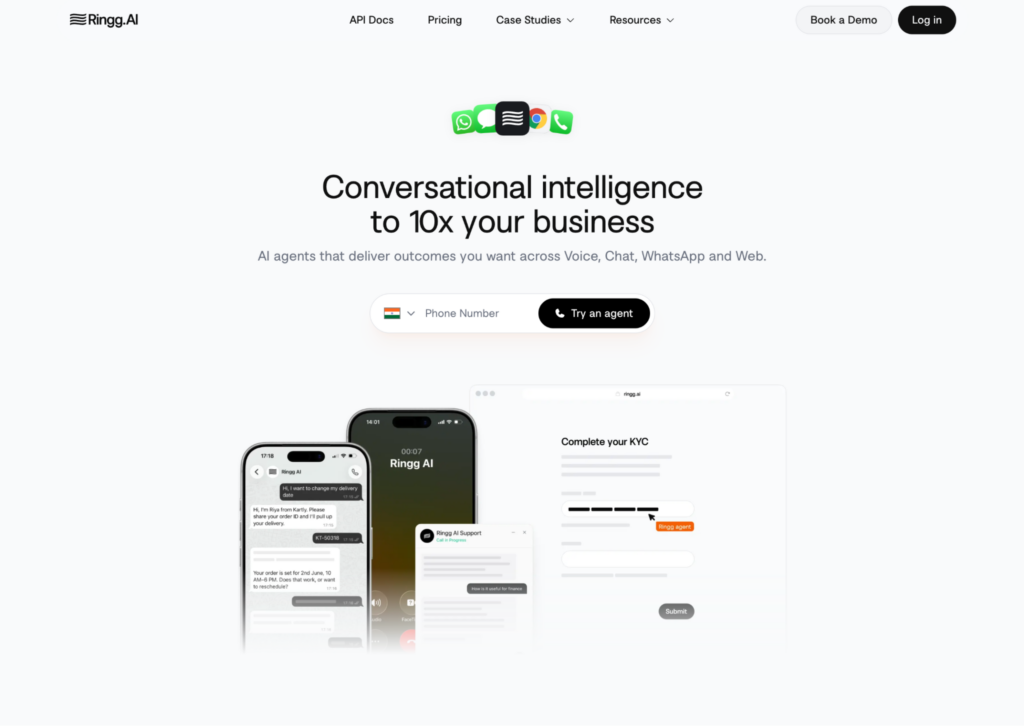 Ringg AI homepage showing conversational intelligence across voice and chat.