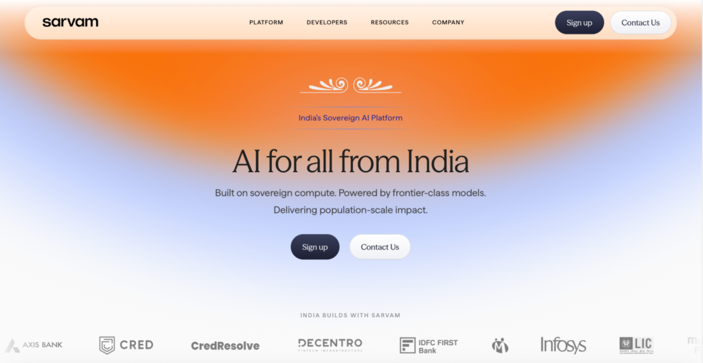 The Sarvam AI platform homepage shows India's sovereign AI stack.