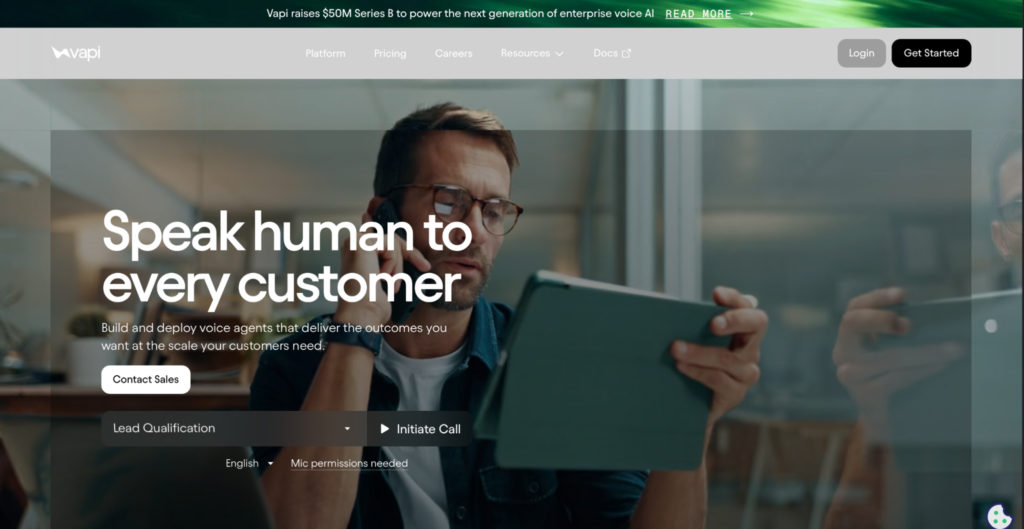 Vapi homepage showing its voice AI platform for lead qualification calls.